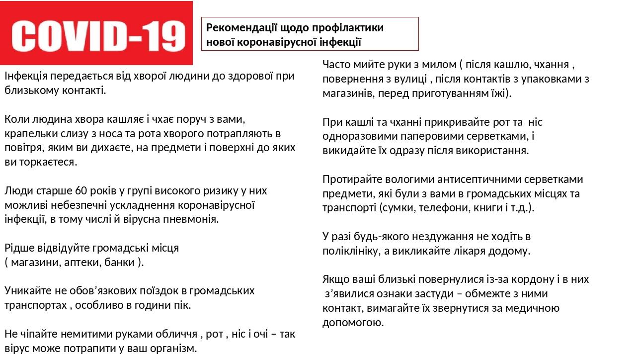 Рекомендації щодо профілактики нової коронавірусної інфекції Інфекція передається від хворої людини до здорової при близькому контакті. Коли людина...
