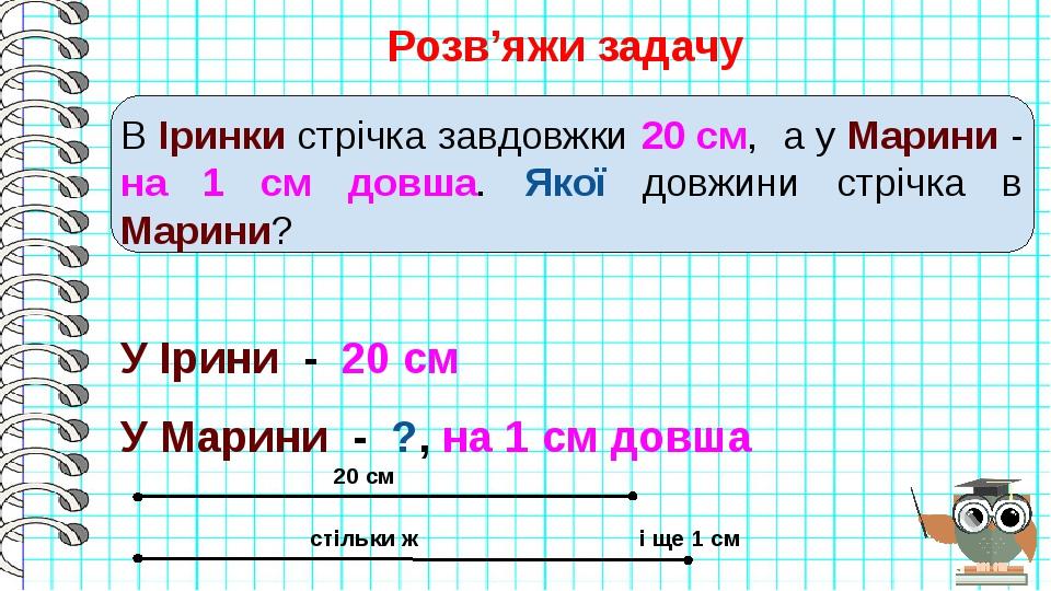 Розв’яжи задачу В Іринки стрічка завдовжки 20 см, а у Марини - на 1 см довша. Якої довжини стрічка в Марини? У Ірини - 20 см У Марини - ?, на 1 см ...