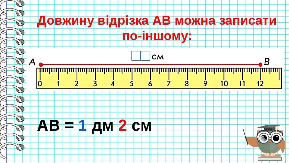 Довжину відрізка АВ можна записати по-іншому: АВ = 1 дм 2 см