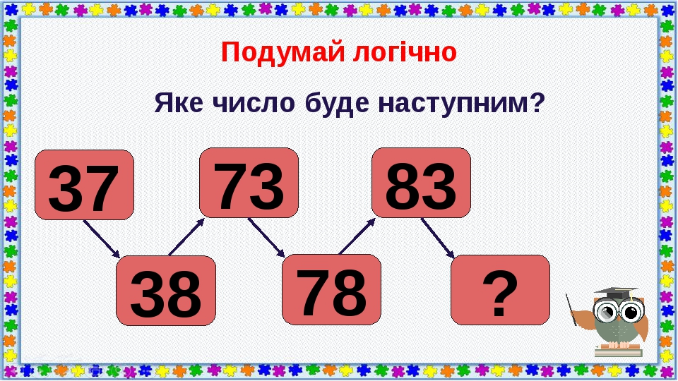 Подумай логічно Яке число буде наступним? 37 38 73 78 83 ?