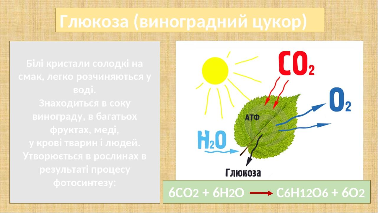 Глюкоза (виноградний цукор) Білі кристали солодкі на смак, легко розчиняються у воді. Знаходиться в соку винограду, в багатьох фруктах, меді, у кро...