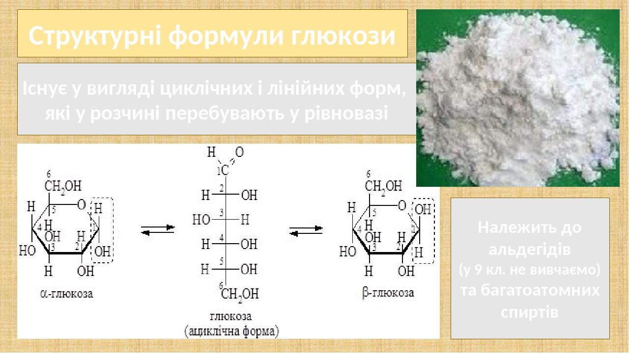 Існує у вигляді циклічних і лінійних форм, які у розчині перебувають у рівновазі Структурні формули глюкози Належить до альдегідів (у 9 кл. не вивч...