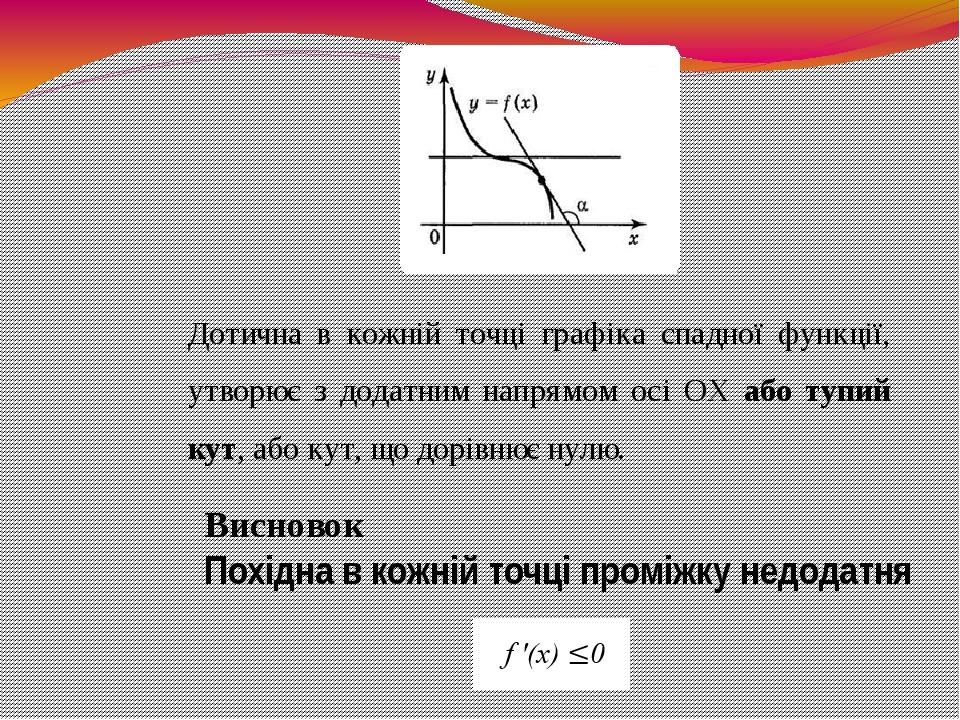 Дотична в кожній точці графіка спадної функції, утворює з додатним напрямом осі ОХ або тупий кут, або кут, що дорівнює нулю. Висновок Похідна в кож...