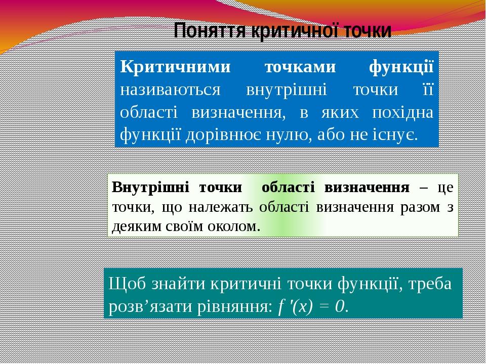 Поняття критичної точки Внутрішні точки області визначення – це точки, що належать області визначення разом з деяким своїм околом. Критичними точка...