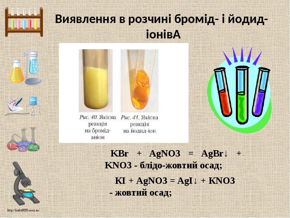 Виявлення в розчині бромід- і йодид-іонів  KBr + AgNO3 = AgBr↓ + KNO3 - блідо-жовтий осад; КІ + AgNO3 = AgІ↓ + КNO3 - жовтий осад; http://linda6035...