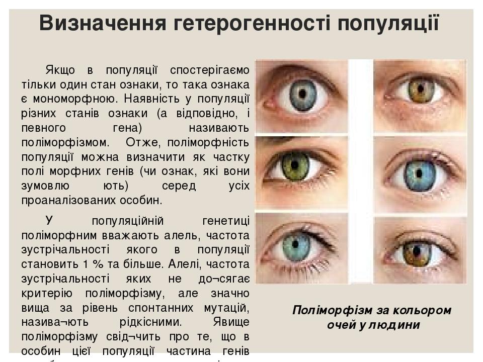 Визначення гетерогенності популяції Якщо в популяції спостерігаємо тільки один стан ознаки, то така ознака є мономорфною. Наявність у популяції різ...