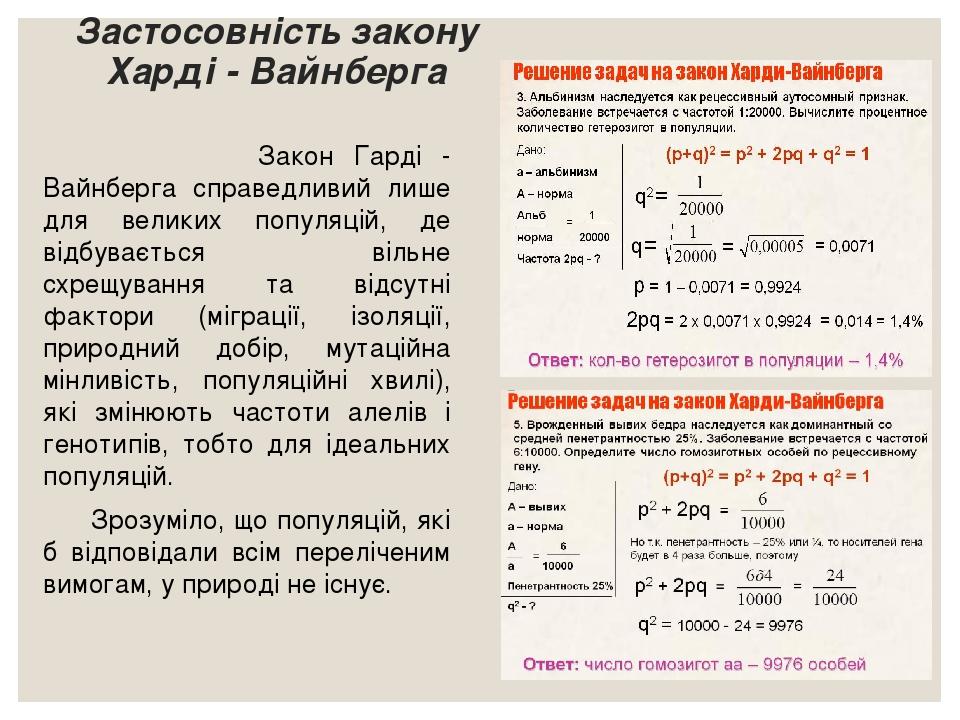 Застосовність закону Харді - Вайнберга Закон Гарді - Вайнберга справедливий лише для великих популяцій, де відбувається вільне схрещування та відсу...