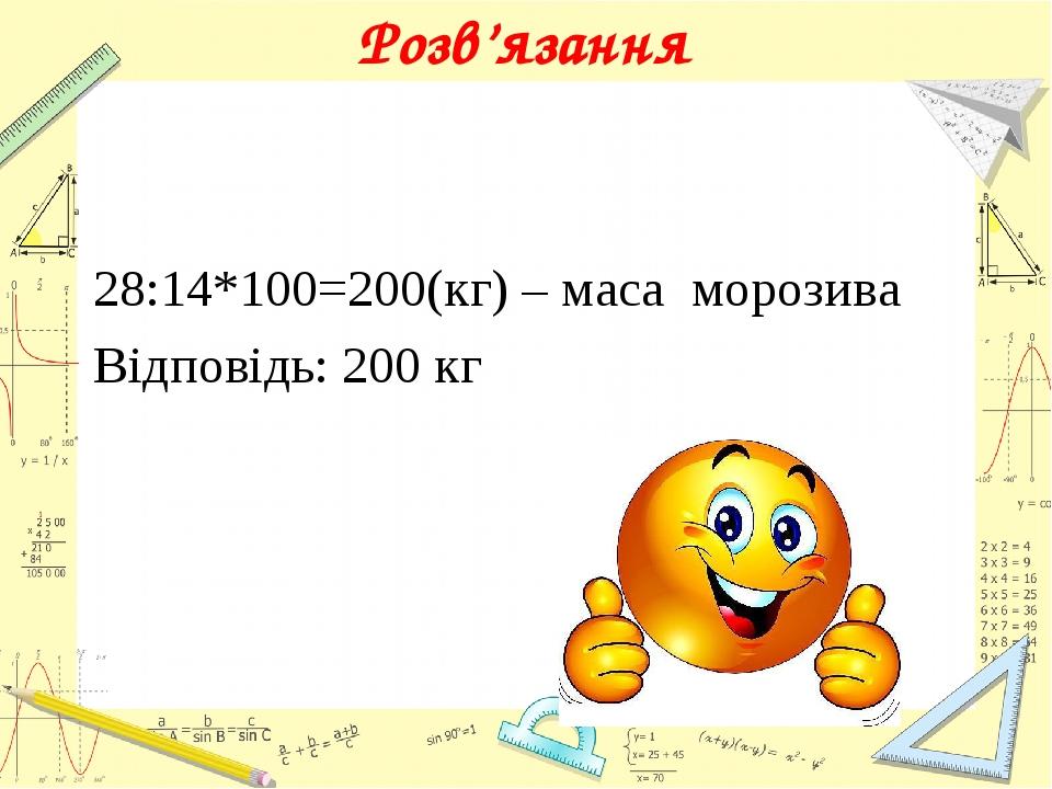 Розв’язання 28:14*100=200(кг) – маса морозива Відповідь: 200 кг
