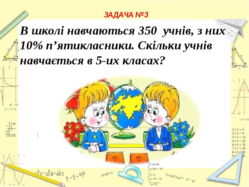В школі навчаються 350 учнів, з них 10% п’ятикласники. Скільки учнів навчається в 5-их класах? ЗАДАЧА №3