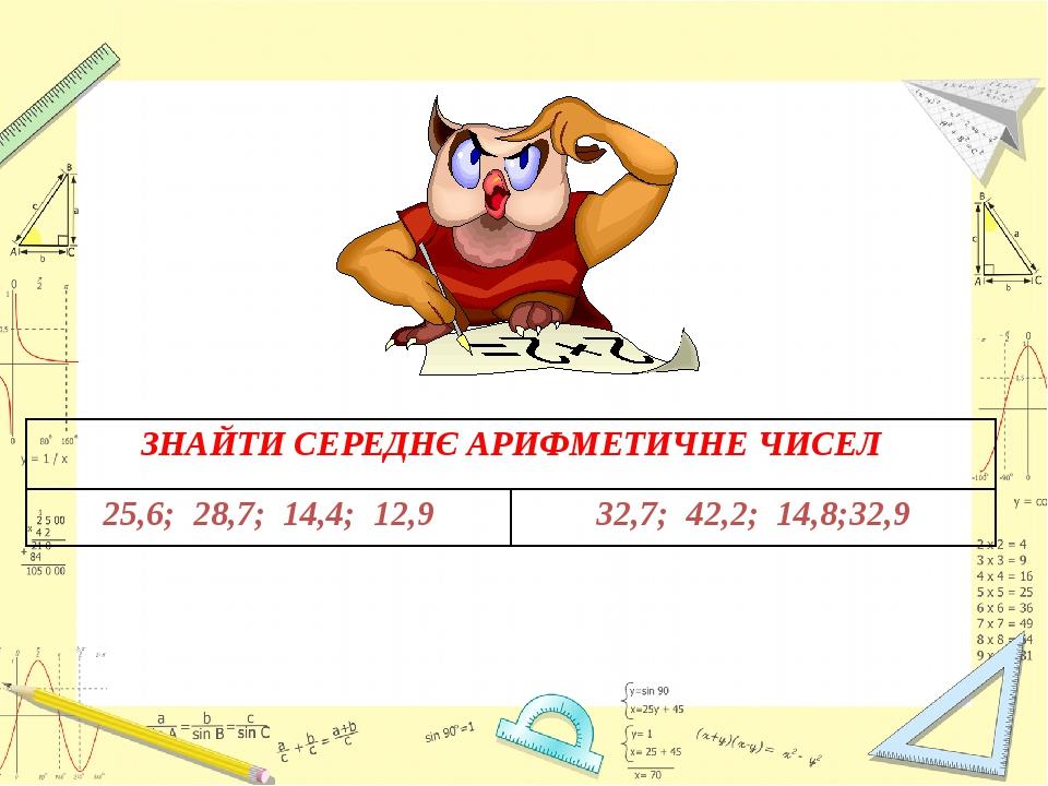 ЗНАЙТИ СЕРЕДНЄ АРИФМЕТИЧНЕ ЧИСЕЛ 25,6; 28,7; 14,4; 12,9 32,7; 42,2; 14,8;32,9