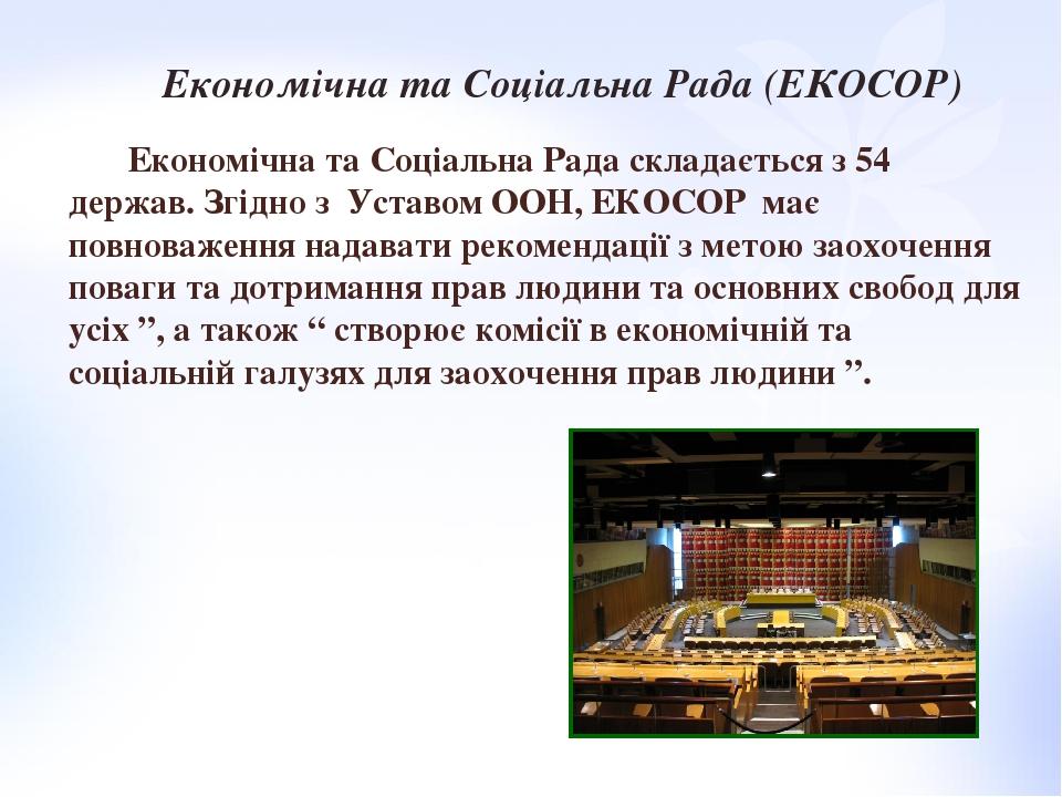 Економічна та Соціальна Рада складається з 54 держав. Згідно з Уставом ООН, ЕКОСОР має повноваження надавати рекомендації з метою заохочення поваги...
