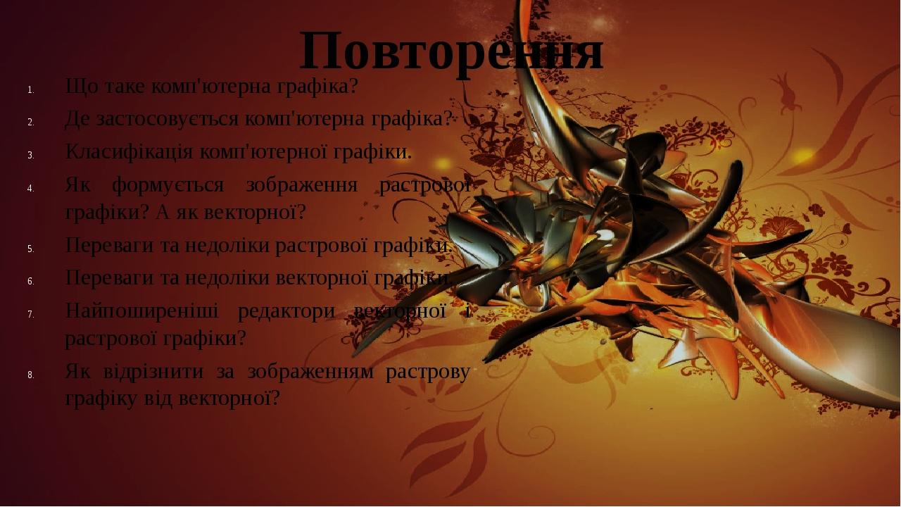 Повторення Що таке комп'ютерна графіка? Де застосовується комп'ютерна графіка? Класифікація комп'ютерної графіки. Як формується зображення растрово...