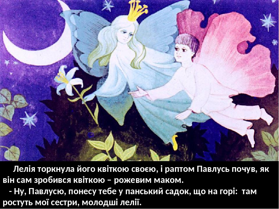 Лелія торкнула його квіткою своєю, і раптом Павлусь почув, як він сам зробився квіткою – рожевим маком. - Ну, Павлусю, понесу тебе у панський садок...