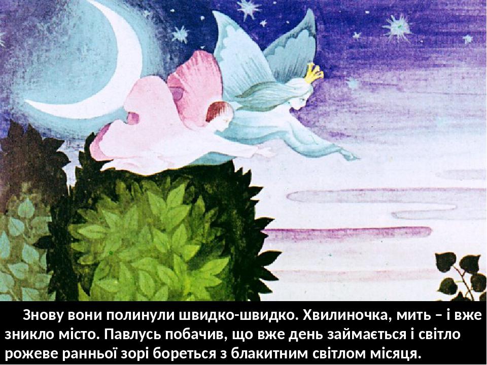 Знову вони полинули швидко-швидко. Хвилиночка, мить – і вже зникло місто. Павлусь побачив, що вже день займається і світло рожеве ранньої зорі боре...