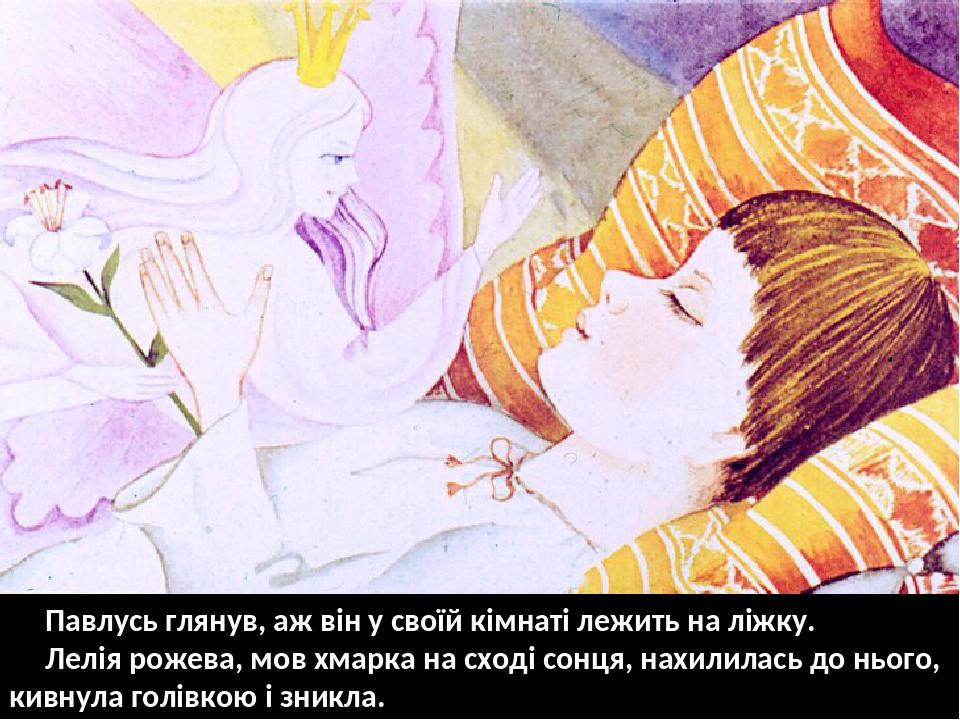 Павлусь глянув, аж він у своїй кімнаті лежить на ліжку. Лелія рожева, мов хмарка на сході сонця, нахилилась до нього, кивнула голівкою і зникла.