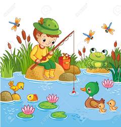 Der Junge Sitzt Auf Einem Felsen Und Fängt Fische In Einem Teich ...