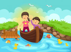 Illustration of boy and girl in boat to river | Premium Vector
