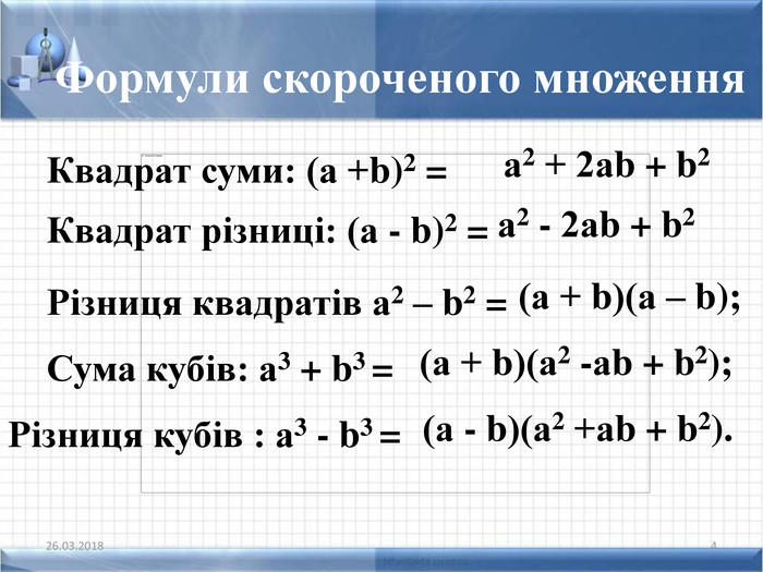 Урок "Застосування формул скороченого множення".Презентація.