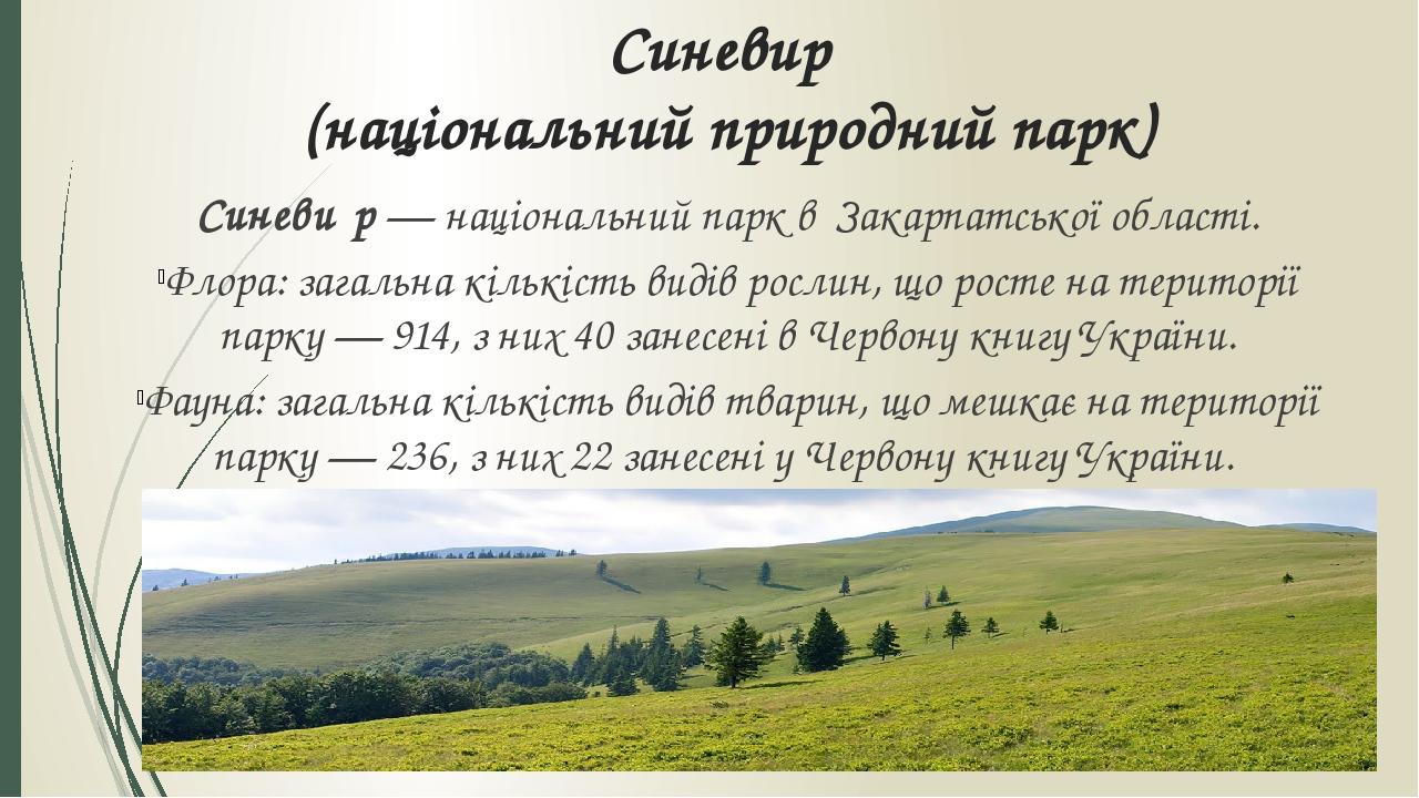 Синевир (національний природний парк) Синеви́р — національний парк в  Закарпатської області. Флора: загальна кількість видів рослин, що росте на те...