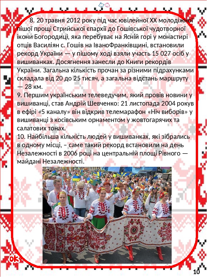 8. 20 травня 2012 року під час ювілейної ХХ молодіжної пішої прощі Стрийської єпархії до Гошівської чудотворної ікони Богородиці, яка перебуває на ...