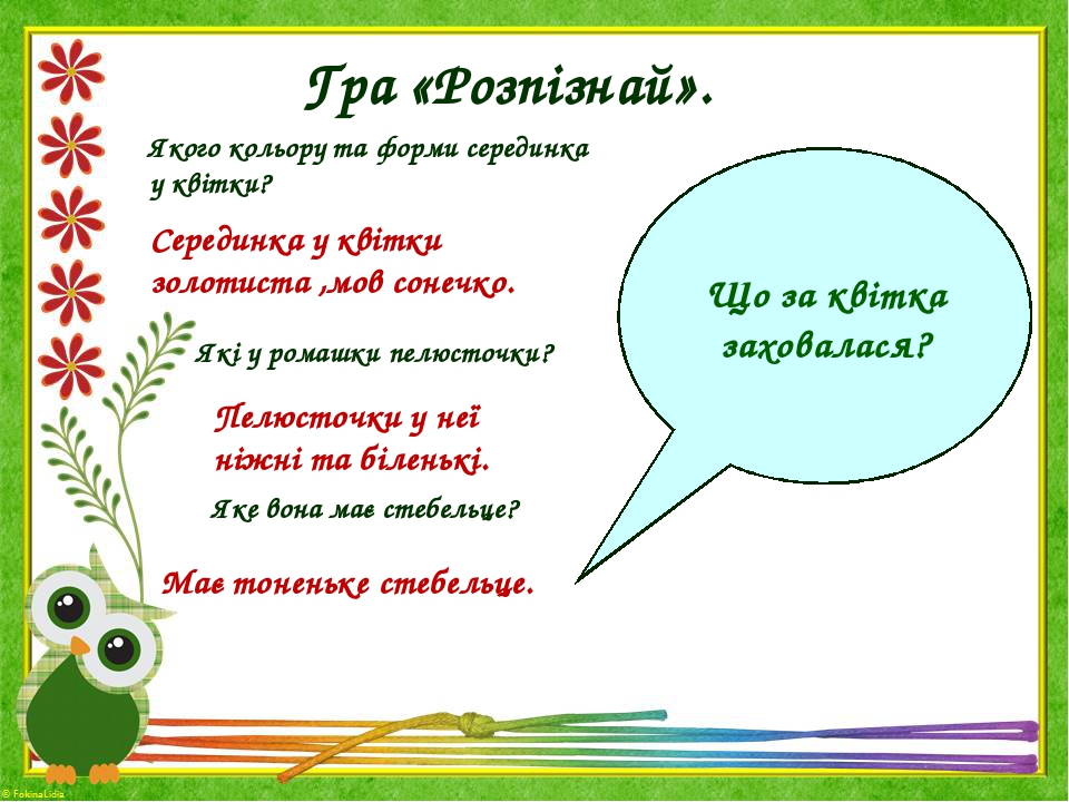 Що за квітка заховалася? Гра «Розпізнай». Якого кольору та форми серединка у квітки? Серединка у квітки золотиста ,мов сонечко. Які у ромашки пелюс...